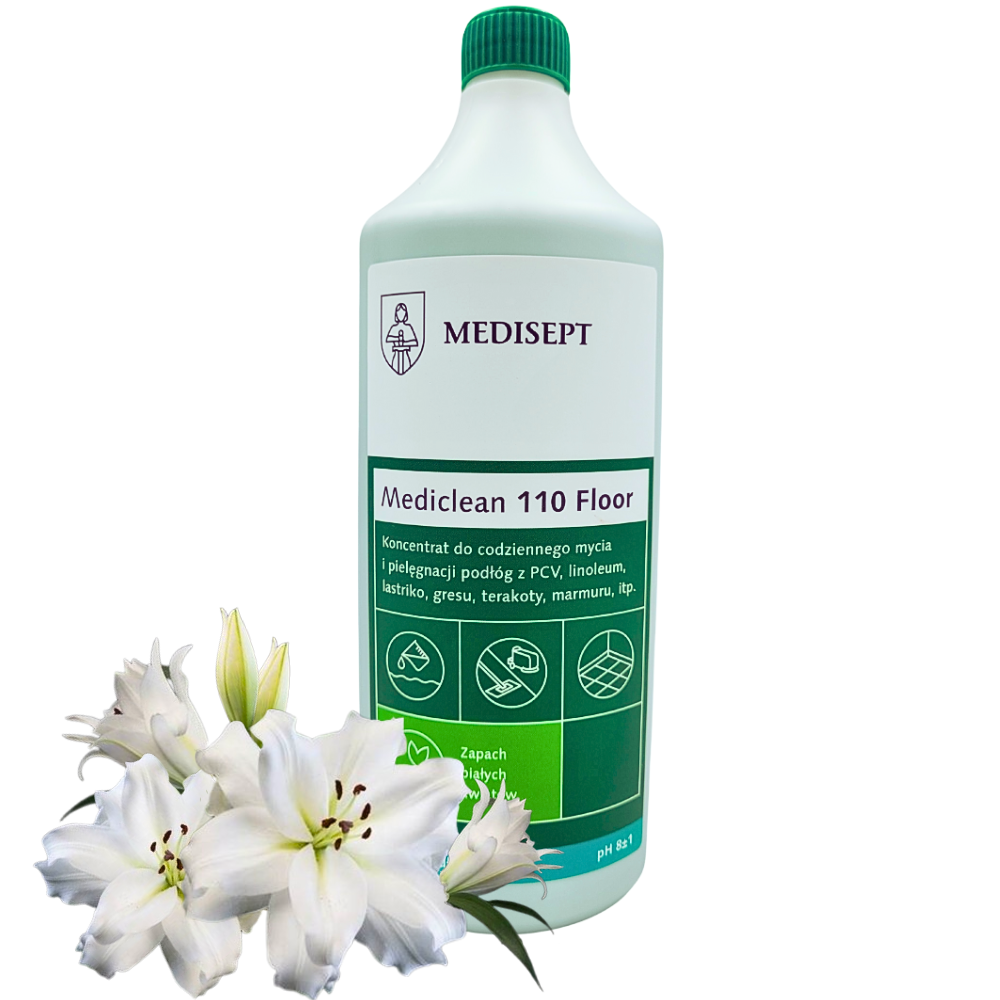 koncentrat do mycia podłóg, Mediclean 110 Floor, płyn do podłóg białe kwiaty, koncentrat podłogowy 1 L, mycie ręczne i maszynowe, właściwości antypoślizgowe, właściwości antystatyczne, emulsja woskowa podłogi, bez alkoholu, podłogi twarde PCV, lastriko, gres, marmur, przygotowanie do 400 L roztworu, niskopieniący detergent, zapach białych kwiatów, codzienne czyszczenie podłóg, pielęgnacja i nabłyszczanie, profesjonalny koncentrat, chemia do sprzątania, neutralne pH około 8