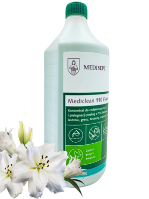 koncentrat do mycia podłóg, Mediclean 110 Floor, białe kwiaty, płyn do podłóg 1 L, profesjonalny środek czyszczący, antystatyczny, antypoślizgowy, niskopieniący, do ręcznego mycia, do maszynowego mycia, do podłóg twardych, PCV, gres, marmur, lastriko, terakota, nie zawiera alkoholu, emulsja woskowa, pozostawia połysk, cienka warstwa ochronna, zapach świeży, atest PZH