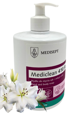 Mediclean 410 Soap, mydło w płynie 500 ml, mydło do rąk i ciała, delikatne mydło glicerynowe, mydło z olejkiem kokosowym, pH 5,5‑6,5, mydło o zapachu białych kwiatów, nawilżające mydło, mydło do skóry wrażliwej, profesjonalne mydło Medisept, mydło przebadane dermatologicznie, emulsja myjąca rąk i ciała, mydło do codziennego użytku, pokój łazienkowy mycie, mydło łagodne dla skóry, mydło bez podrażnień, butelka z pompką, mydło do miejsc publicznych, medyczne mydło do instytucji, mydło nawilżające z gliceryną