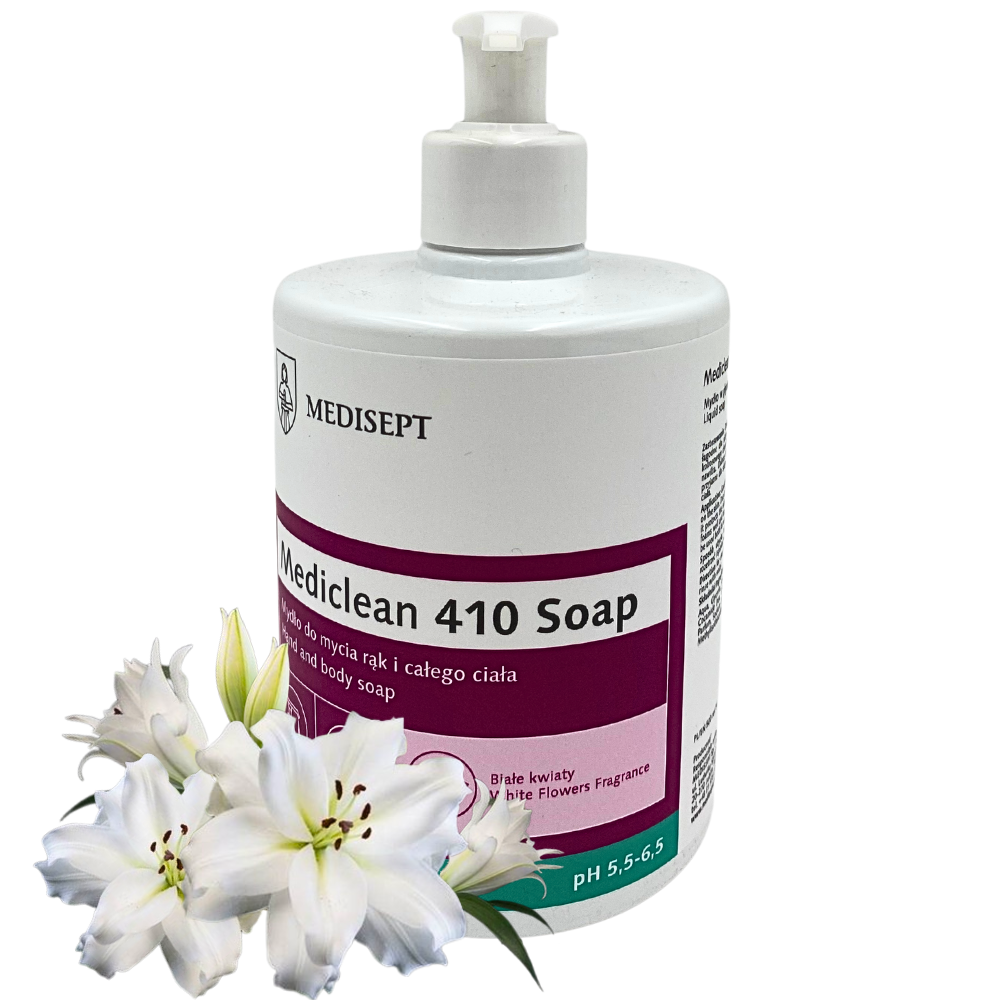 Mediclean 410 Soap, mydło w płynie 500 ml, mydło do rąk i ciała, delikatne mydło glicerynowe, mydło z olejkiem kokosowym, pH 5,5‑6,5, mydło o zapachu białych kwiatów, nawilżające mydło, mydło do skóry wrażliwej, profesjonalne mydło Medisept, mydło przebadane dermatologicznie, emulsja myjąca rąk i ciała, mydło do codziennego użytku, pokój łazienkowy mycie, mydło łagodne dla skóry, mydło bez podrażnień, butelka z pompką, mydło do miejsc publicznych, medyczne mydło do instytucji, mydło nawilżające z gliceryną