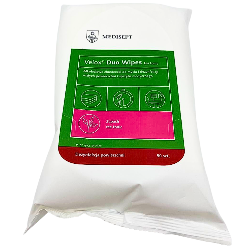 velox duo wipes, chusteczki dezynfekcyjne 50 szt, alkoholowe chusteczki dezynfekcyjne, chusteczki do dezynfekcji powierzchni, dezynfekcja sprzętu medycznego, szybka dezynfekcja 30 sek, działa na wirusy prątki grzyby, chusteczki flow pack, chusteczki do stomatologii, do wycisków silikonowych, chusteczki do kuchni, gotowy preparat dezynfekcyjny, profesjonalne chusteczki medyczne, chusteczki do kontaktu z żywnością, chusteczki dermatologicznie przebadane, ekonomiczne w użyciu, nie odbarwiają powierzchni, wysoka skuteczność potwierdzona badaniami, opakowanie 50 szt, produkt biobójczy Medisept