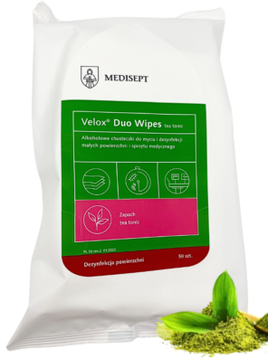 velox duo wipes, chusteczki dezynfekcyjne 50 szt, alkoholowe chusteczki dezynfekcyjne, chusteczki do dezynfekcji powierzchni, dezynfekcja sprzętu medycznego, szybka dezynfekcja 30 sek, działa na wirusy prątki grzyby, chusteczki flow pack, chusteczki do stomatologii, do wycisków silikonowych, chusteczki do kuchni, gotowy preparat dezynfekcyjny, profesjonalne chusteczki medyczne, chusteczki do kontaktu z żywnością, chusteczki dermatologicznie przebadane, ekonomiczne w użyciu, nie odbarwiają powierzchni, wysoka skuteczność potwierdzona badaniami, opakowanie 50 szt, produkt biobójczy Medisept