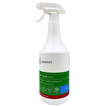 koncentrat Velox Spray Neutral, zbiórka 1 L, szybka dezynfekcja 30 sek, działanie na bakterie, działanie na grzyby 15 sek, prątki gruźlicy, wirusy osłonkowe, preparat do powierzchni medycznych, dezynfekcja sprzętu fryzjerskiego, do salonów kosmetycznych, wyrób medyczny, produkt biobójczy, nie pozostawia smug i zacieków, gotowy do użycia spray, do powierzchni mających kontakt z żywnością, bezpieczeństwo HACCP, do sprzętu rehabilitacyjnego, spray ze spryskiwaczem, z etanolem (63,7 %), stężenie propan‑2‑ol (6,3 %), opakowanie 1 L, rejestracja CE, na sprzęt stomatologiczny, do wycisków silikonowych, zastosowanie w gastronomii, do przedszkoli i szkół, do SPA i fitness, stosowany w sanatoriach i domach opieki