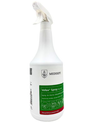 koncentrat Velox Spray Neutral, zbiórka 1 L, szybka dezynfekcja 30 sek, działanie na bakterie, działanie na grzyby 15 sek, prątki gruźlicy, wirusy osłonkowe, preparat do powierzchni medycznych, dezynfekcja sprzętu fryzjerskiego, do salonów kosmetycznych, wyrób medyczny, produkt biobójczy, nie pozostawia smug i zacieków, gotowy do użycia spray, do powierzchni mających kontakt z żywnością, bezpieczeństwo HACCP, do sprzętu rehabilitacyjnego, spray ze spryskiwaczem, z etanolem (63,7 %), stężenie propan‑2‑ol (6,3 %), opakowanie 1 L, rejestracja CE, na sprzęt stomatologiczny, do wycisków silikonowych, zastosowanie w gastronomii, do przedszkoli i szkół, do SPA i fitness, stosowany w sanatoriach i domach opieki