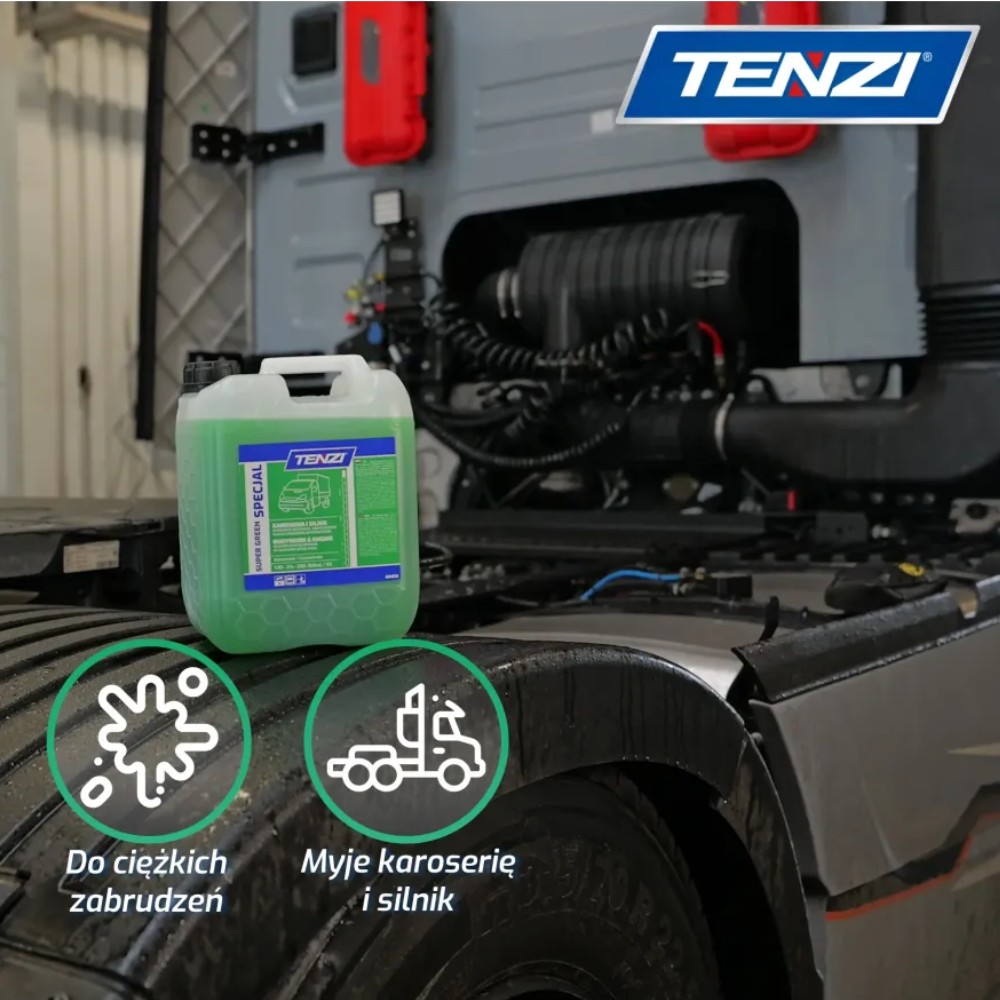 Super Green Specjal, TENZI, aktywna piana, mycie ciężarówek, mycie autobusów, mycie maszyn, mycie pojazdów, koncentrat do mycia pojazdów, mycie silników, czyszczenie podwozia, usuwanie oleju, usuwanie błota, usuwanie pyłu, profesjonalna chemia, środki czystości, flotowe mycie pojazdów, mycie pojazdów ciężkich, mycie samochodów terenowych, szybkie mycie pojazdów, pielęgnacja karoserii