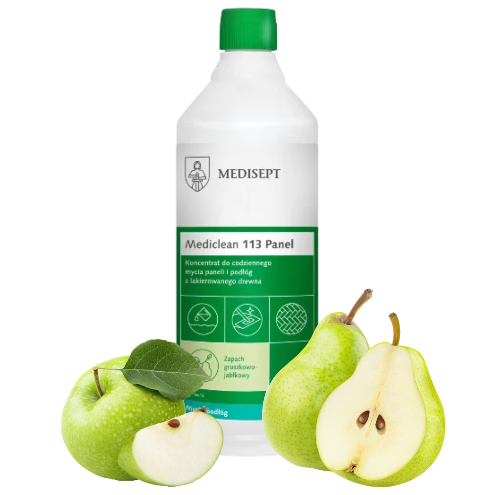 Medisept, Mediclean 113 Panel, Mediclean 113 1L, płyn do mycia paneli, środek do paneli podłogowych, mycie podłóg drewnianych, preparat do parkietu, czyszczenie paneli bez smug, profesjonalny środek do podłóg, koncentrat do mycia podłóg, pielęgnacja paneli, płyn do parkietu lakierowanego, chemia profesjonalna do sprzątania, mycie ręczne podłóg, zapach jabłkowo-gruszkowy