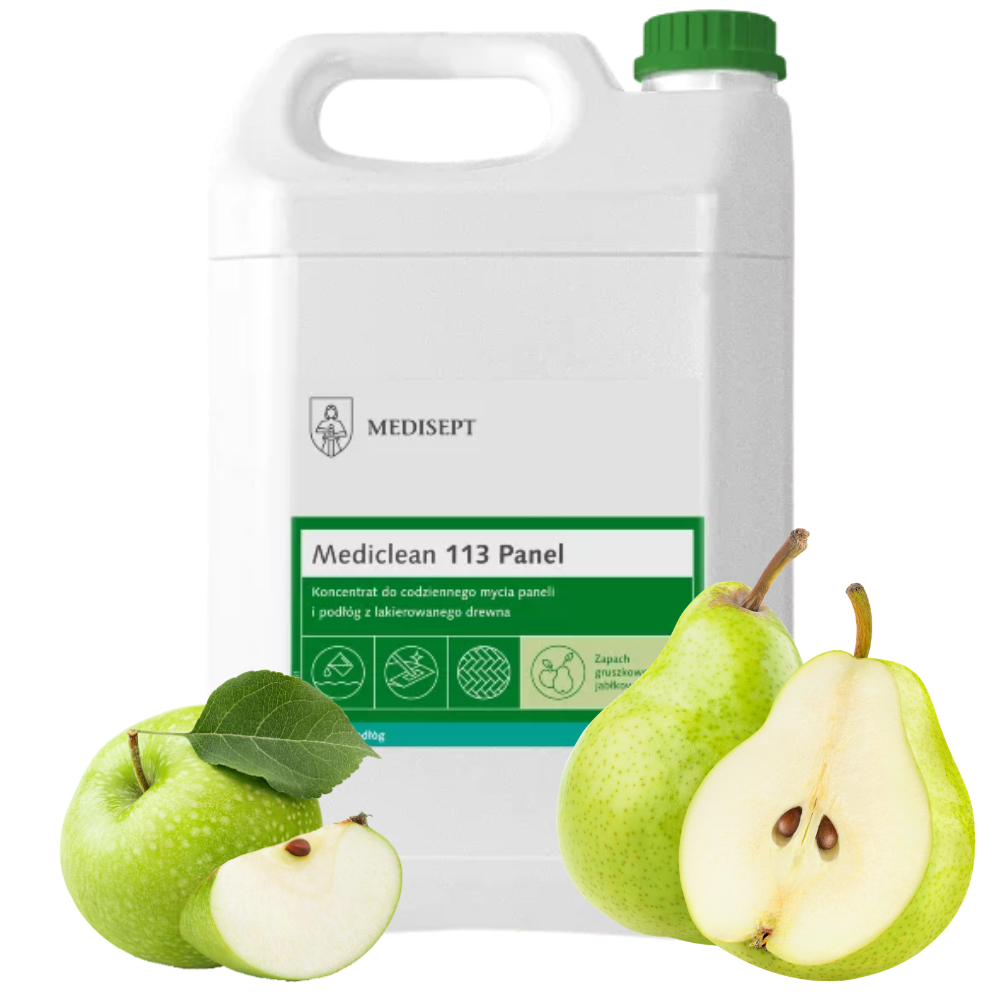Medisept, Mediclean 113 Panel 5L, Mediclean 113 5L, płyn do mycia paneli 5L, środek do paneli podłogowych 5L, mycie podłóg drewnianych, preparat do parkietu 5L, profesjonalny środek do podłóg, koncentrat do mycia podłóg, pielęgnacja paneli i parkietu, chemia profesjonalna do sprzątania, środek do podłóg lakierowanych, mycie ręczne podłóg, wydajny koncentrat do paneli, zapach jabłkowo-gruszkowy