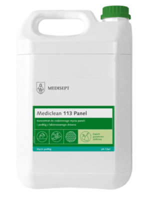 Medisept, Mediclean 113 Panel 5L, Mediclean 113 5L, płyn do mycia paneli 5L, środek do paneli podłogowych 5L, mycie podłóg drewnianych, preparat do parkietu 5L, profesjonalny środek do podłóg, koncentrat do mycia podłóg, pielęgnacja paneli i parkietu, chemia profesjonalna do sprzątania, środek do podłóg lakierowanych, mycie ręczne podłóg, wydajny koncentrat do paneli, zapach jabłkowo-gruszkowy