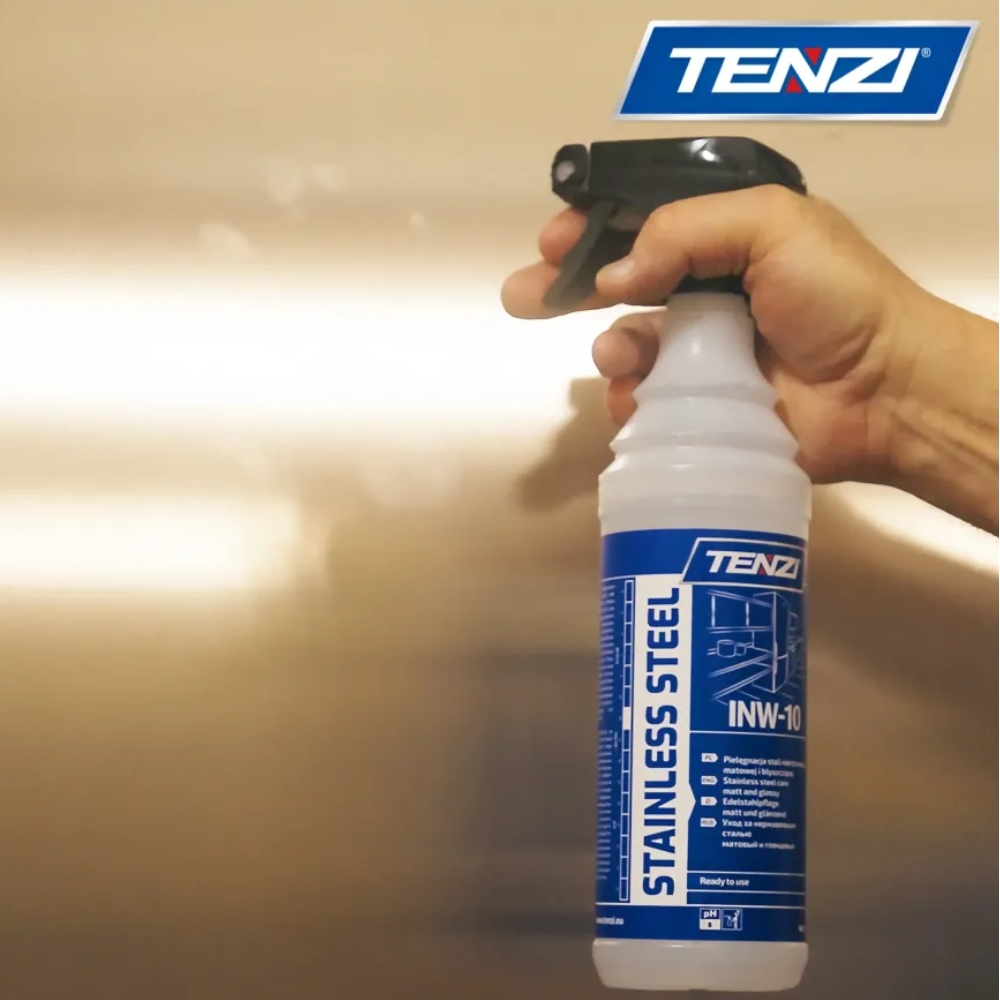 TENZI INW-10 GT 0,6L, preparat do stali nierdzewnej, płyn do stali nierdzewnej, środek do czyszczenia stali, środek do pielęgnacji stali, czyszczenie stali nierdzewnej, pielęgnacja stali nierdzewnej, płyn do stali matowej, płyn do stali błyszczącej, usuwanie odcisków palców, usuwanie tłustych zabrudzeń, preparat bez smug, preparat bez zacieków, szybkoschnący płyn, środek do okapów, czyszczenie chłodziarek, czyszczenie zamrażarek, pielęgnacja mebli kuchennych, środek TENZI, chemia profesjonalna, preparat 0,6L