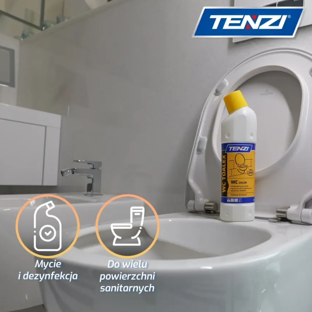 TENZI WC Toalex, Toalex 0,75L, żel do WC, płyn do WC, żel do toalety, dezynfekcja WC, mycie toalety, środek do WC, preparat do WC, środek do dezynfekcji toalety, płyn do dezynfekcji WC, aktywny chlor, żel chlorowy, usuwanie pleśni, usuwanie kamienia urynowego, czyszczenie sanitariatów, higiena toalety, profesjonalny środek do WC, TENZI Toalex