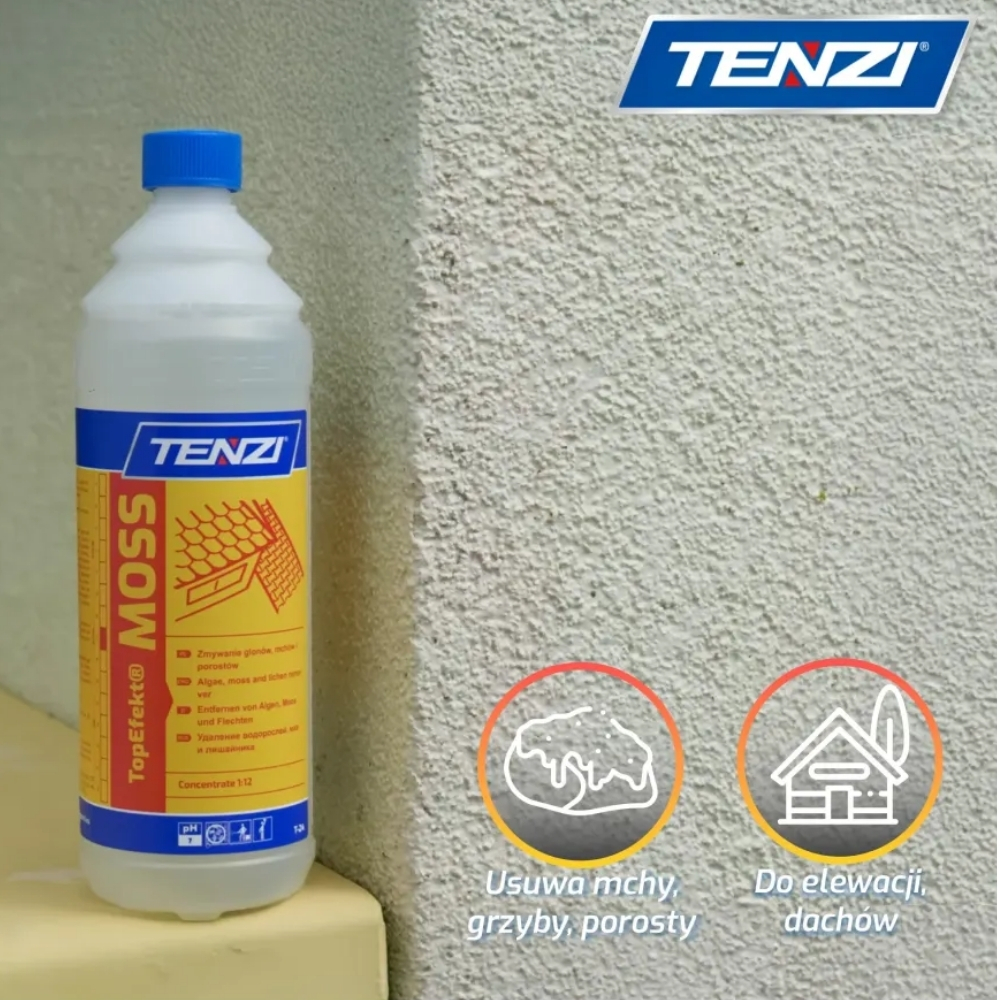 TENZI TopEfekt MOSS, TopEfekt MOSS 5L, środek na mech, preparat na mech, środek na glony, preparat na glony, środek na grzyby, preparat grzybobójczy, usuwanie mchu, usuwanie glonów, usuwanie porostów, czyszczenie elewacji, preparat do elewacji, środek do dachów, czyszczenie dachu, ochrona elewacji, konserwacja elewacji, preparat biobójczy, koncentrat na mech, TENZI MOSS