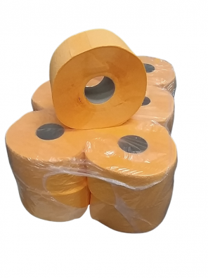 Papier toaletowy XXL do podajnika Jumbo. Wykonany z makulatury w kolorze pomarańczowym. Ekonomiczne opakowanie 12 rolek po 100 metrów każda.