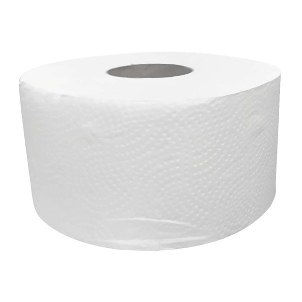 Ekologiczny papier toaletowy makulaturowy do podajnika Jumbo, w kolorze 100% bieli. Ekonomiczne opakowanie 12 dużych rolek po 100 metrów każda