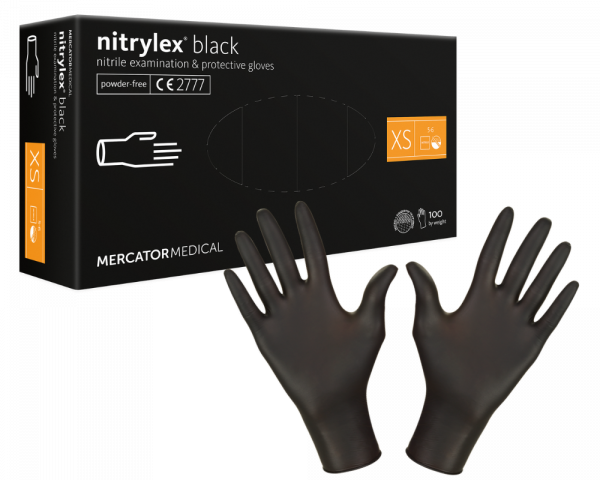 Czarne rękawice nitrylowe zapakowane w kartonik z okienkiem dozującym. Wytrzymałe, elastyczne i bezpieczne, stosowane w medycynie, kosmetyce czy mechanice.