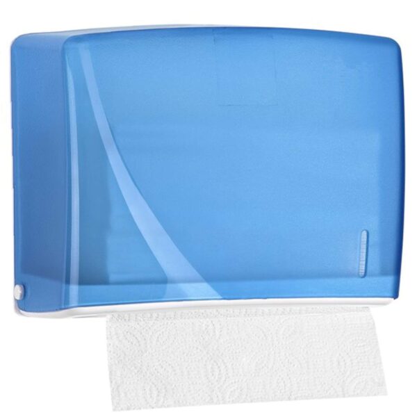 Podajnik na ręczniki ZZ niebieski z transparentną obudową. Wykonany z plastiku ABS, montowany do ściany i bardzo poręczny. Pojemność 300 ręczników typu V.