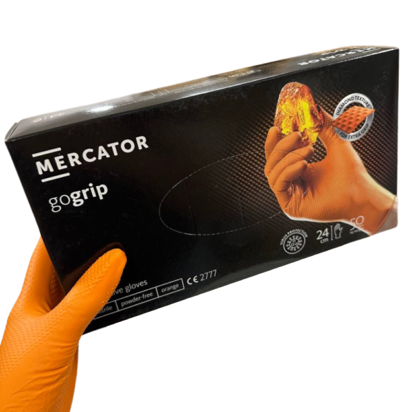 Rękawice Nitrylex GoGrip Orange, wykonane z grubego i elastycznego nitrylu w kolorze pomarańczowym. Chronią przed wilgocią, zabrudzeniami i bakteriami.