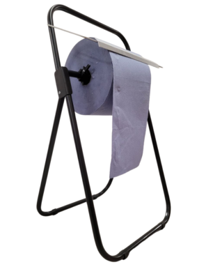 Czarny stojak na czyściwo i ręczniki papierowe w roli. Podłogowy, przenośny, mobilny podajnik do czyściw z niklowanym ostrzem ułatwiającym odrywanie papieru
