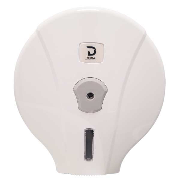 Podajnik na papier toaletowy Jumbo idealny do każdej łazienki czy toalety. Biały pojemnik z plastiku ABS pozwala na dozowanie odpowiedniej porcji papieru.