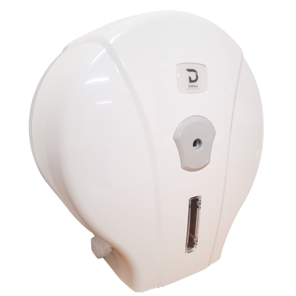 Podajnik na papier toaletowy Jumbo idealny do każdej łazienki czy toalety. Biały pojemnik z plastiku ABS pozwala na dozowanie odpowiedniej porcji papieru.