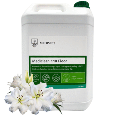 Mediclean 110 Floor, koncentrat do mycia podłóg 5 L, mycie podłóg, chemia profesjonalna, czyszczenie podłóg, Medisept, wydajny koncentrat, do gresu i terakoty, PCV, linoleum, higiena podłóg, usuwanie soli i błota, pielęgnacja posadzek, zapach białych kwiatów, profesjonalne środki czystości, mycie powierzchni, codzienne sprzątanie, mycie hal i biur, antypoślizgowe działanie, brak smug, efektywne mycie podłóg, duże opakowanie
