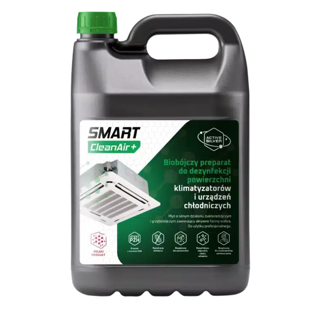 Smart CleanAir, Smart CleanAir Plus 5l, preparat do dezynfekcji klimatyzacji, środek biobójczy HVAC, odgrzybianie klimatyzacji, dezynfekcja wentylacji, czyszczenie systemów HVAC, preparat bakteriobójczy, preparat grzybobójczy, higiena klimatyzatorów, dezynfekcja parownika, czyszczenie kanałów wentylacyjnych, środek do urządzeń chłodniczych, serwis klimatyzacji, profesjonalna chemia HVAC