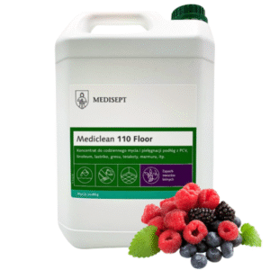 Mediclean 110 Floor, koncentrat do mycia podłóg 5 L, mycie podłóg, chemia profesjonalna, Medisept, owoce leśne, zapach owoców leśnych, czyszczenie podłóg, usuwanie soli i błota, higiena podłóg, profesjonalne środki czystości, mycie gresu i PCV, linoleum, antypoślizgowe działanie, brak smug, wydajny koncentrat, codzienne sprzątanie, mycie w biurze, mycie w domu, mycie hal, pielęgnacja posadzek, świeży zapach