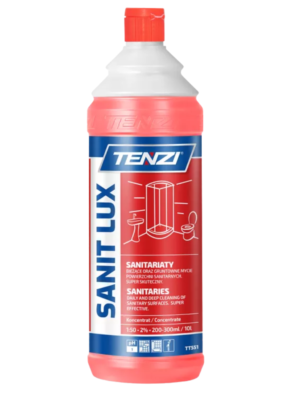 TENZI Sanit Lux, Sanit Lux 1L, płyn do łazienki, środek do łazienki, koncentrat do łazienki, płyn do WC, środek do WC, usuwanie kamienia, preparat na kamień, usuwanie rdzy, środek na osady, płyn do sanitariatów, czyszczenie armatury, czyszczenie kabiny prysznicowej, środek do płytek, środek do fug, profesjonalna chemia, chemia gospodarcza TENZI, środek do czyszczenia łazienki, profesjonalny koncentrat do mycia